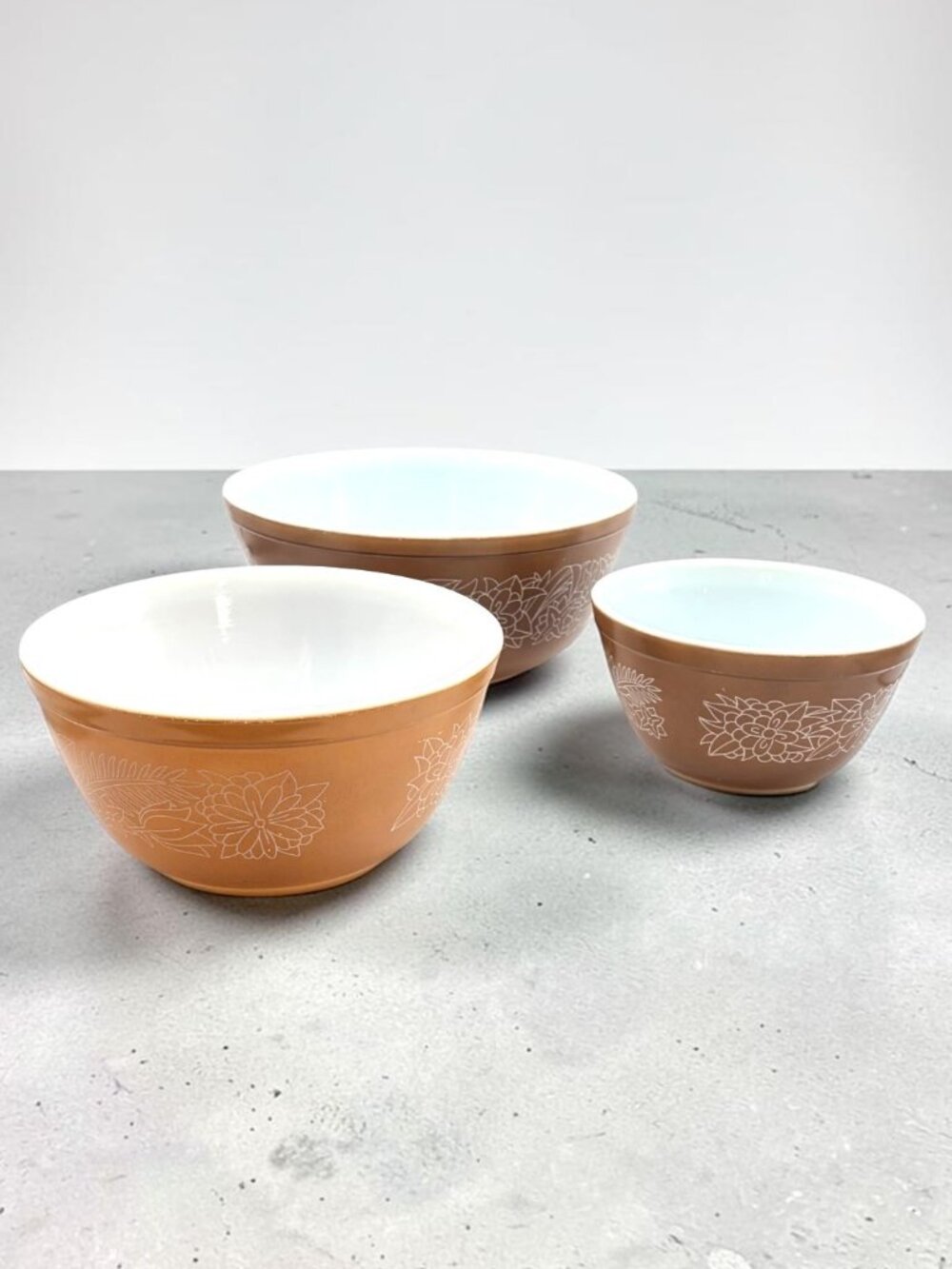 Vintage 1970s Pyrex Woodland Mixing Bowls Set of 3 401 402 403 Brown Floral